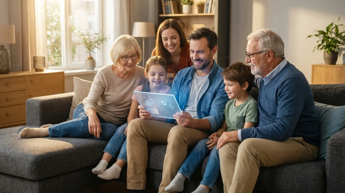 Famille utilisant une tablette sécurisée contre les menaces IA et cyberattaques