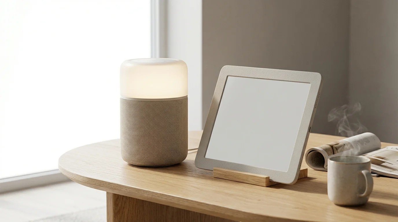 Utilisation tablette pas chère et lampe enceinte IKEA dans un salon moderne