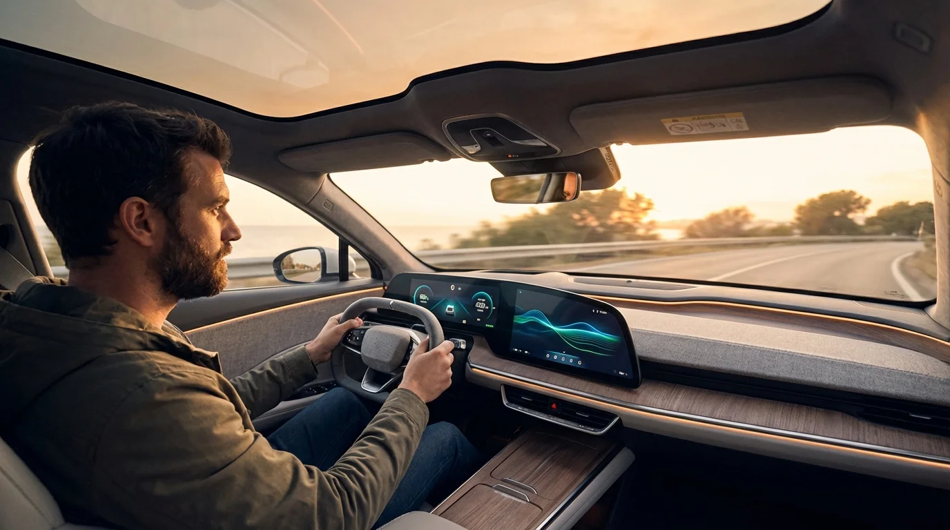 Journaliste Frandroid testant l'interface d'une voiture électrique connectée