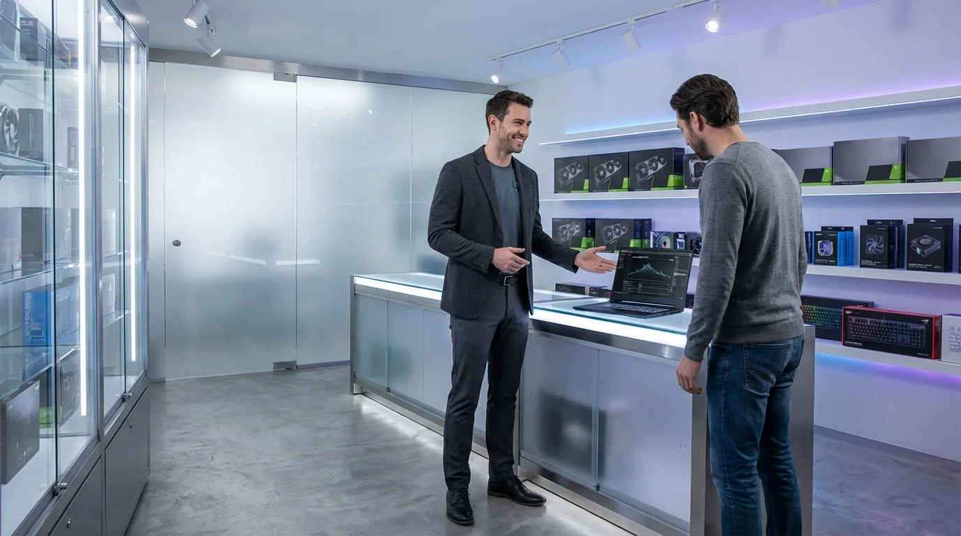 Intérieur d'un magasin Cybertek montrant des experts conseillant un client sur du matériel high-tech