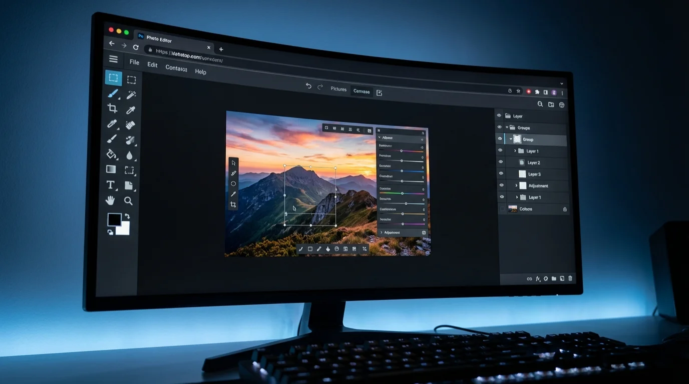 Interface utilisateur de Photopea ouverte dans un navigateur montrant la barre d'outils similaire à Photoshop