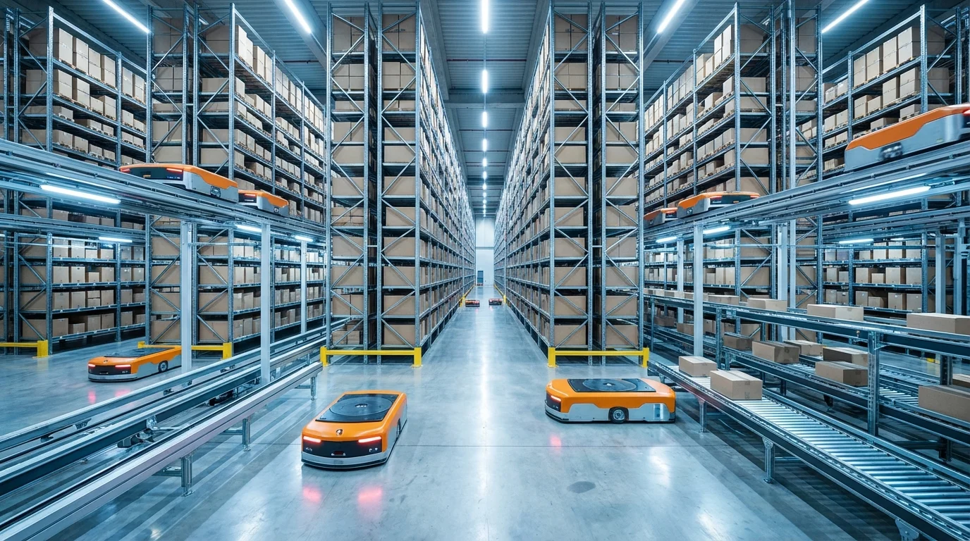 Vue intérieure d'un centre logistique Digitec automatisé montrant le traitement des commandes