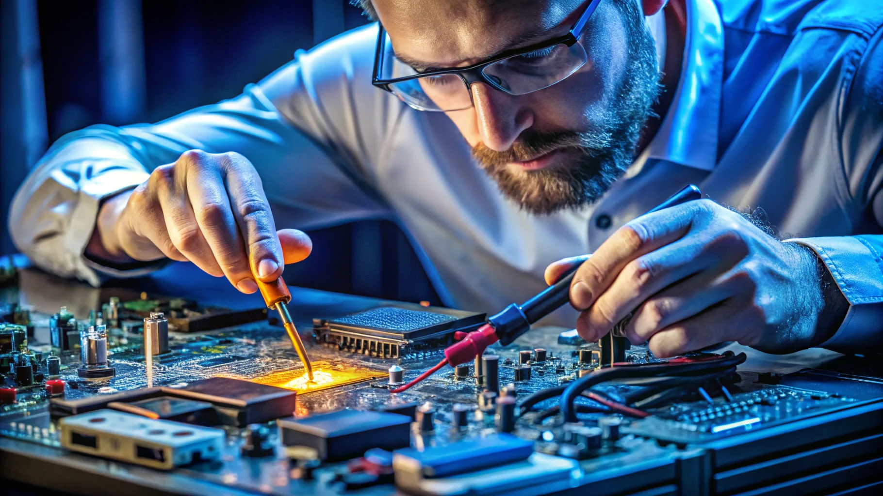 reparation carte mere - diagnostic professionnel avec multimètre et vérification des condensateurs