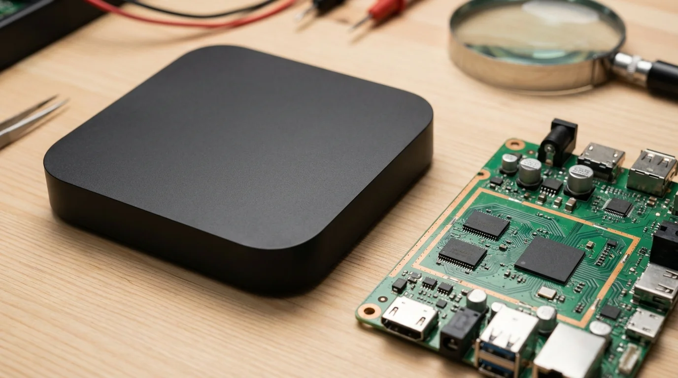 Comparaison visuelle entre une box tv96 complète et des composants internes sur un établi