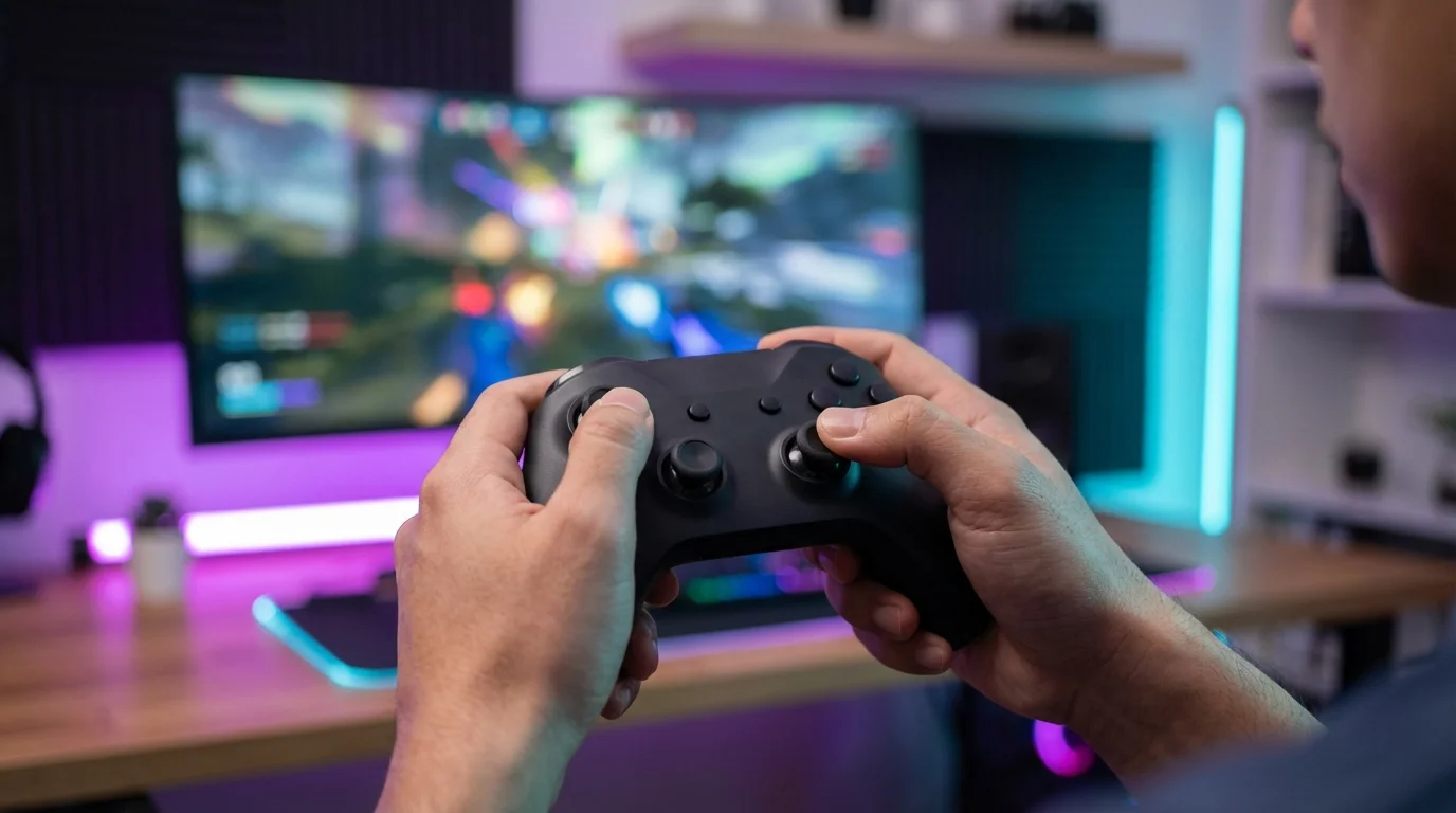 Joueur utilisant une manette de PlayStation 4 connectée via ds4 windows sur un jeu PC moderne