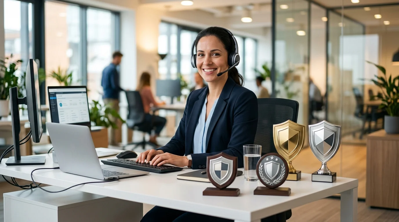 Représentation du support client humain de Malwarebytes et des badges de récompenses cybersécurité