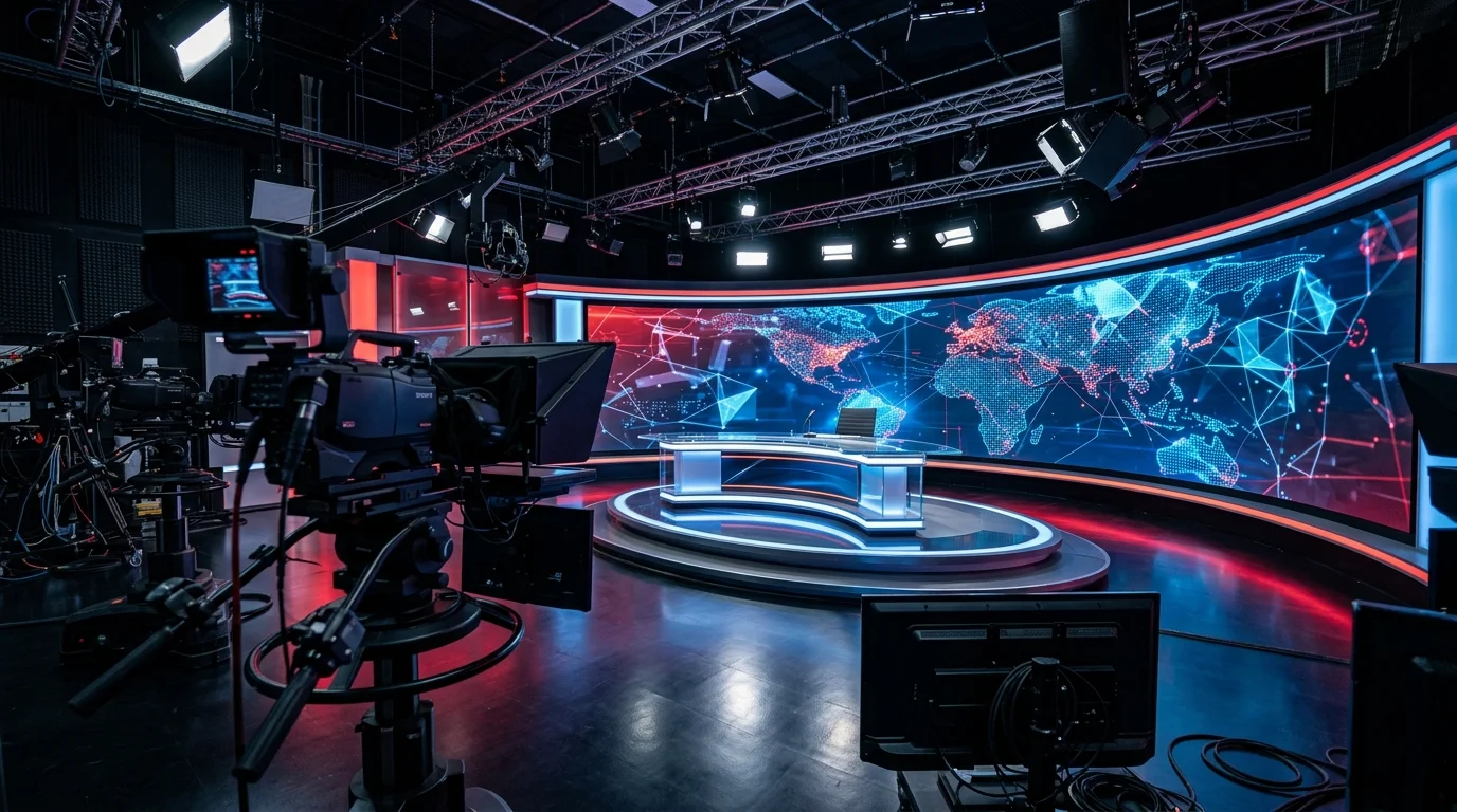 Plateau de télévision de RT diffusant de l'influence russe et de la propagande