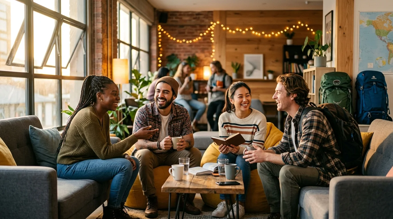 Groupe de jeunes voyageurs solo discutant dans l'espace commun d'une auberge de jeunesse Hostelworld