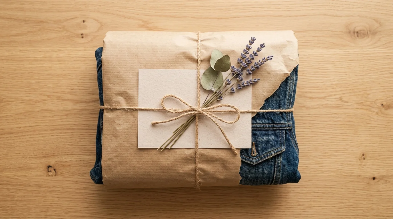 Colis de vêtements Depop soigneusement emballé avec une carte de remerciement