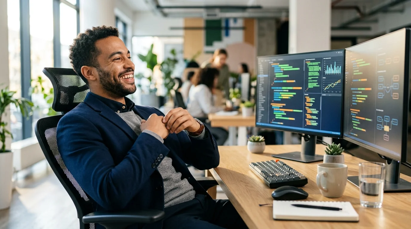 Développeur satisfait migrant son backend complexe vers l'écosystème unifié et performant de Supabase