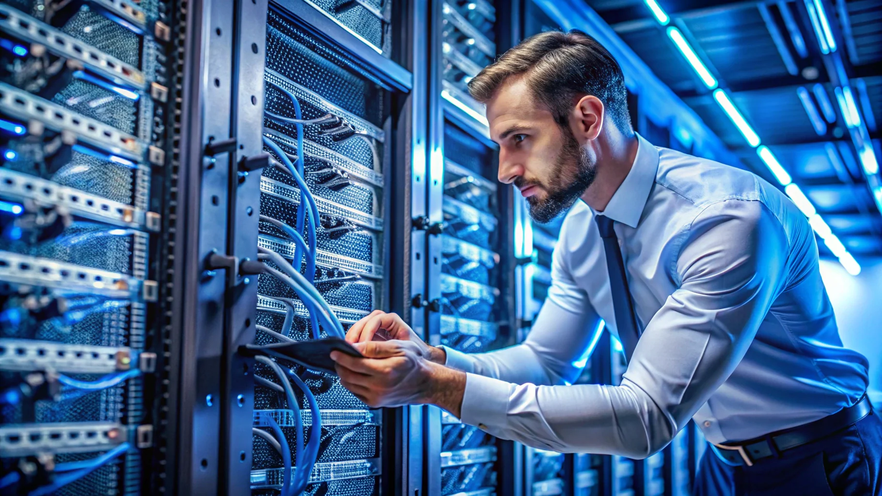 informaticien expert en dépannage effectuant maintenance préventive sur serveur entreprise