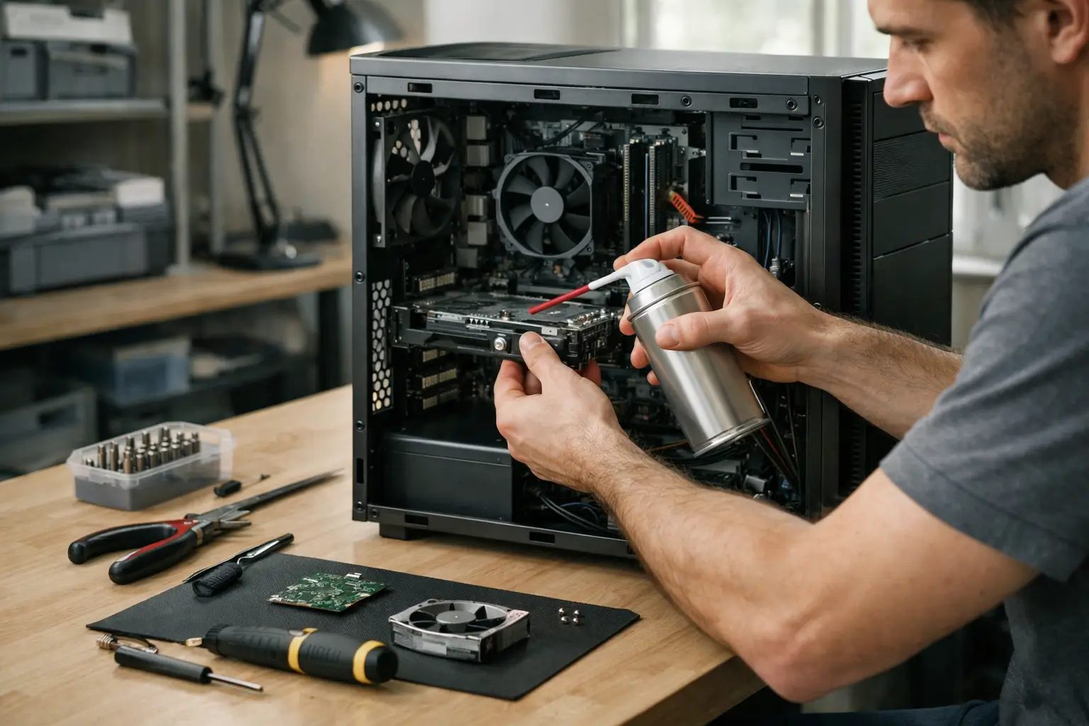 réparateur informatique récupérant des données sur un disque dur défaillant