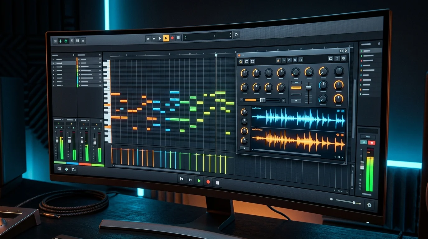 Interface sombre de FL Studio montrant le piano roll et les nouveaux plugins 2026