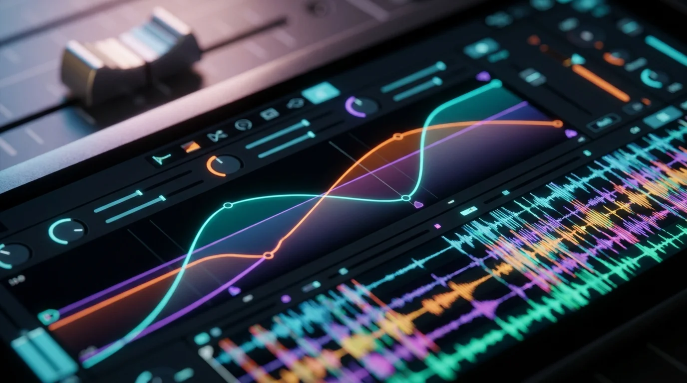 Détail des courbes d'automation complexes et de la chaîne de mastering sur une piste audio Reaper