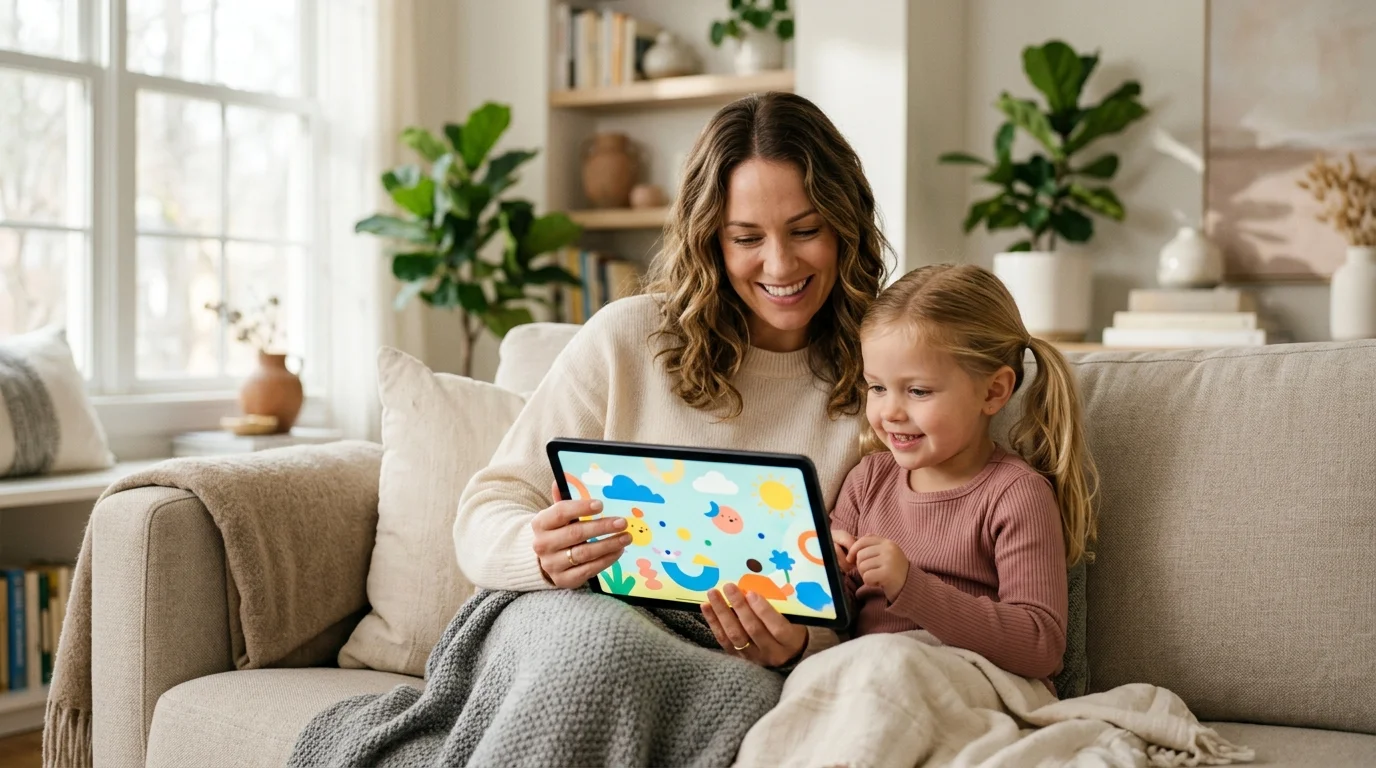 Parent regardant youtube kids sur une tablette avec son enfant avec un usage encadré et sécurisé