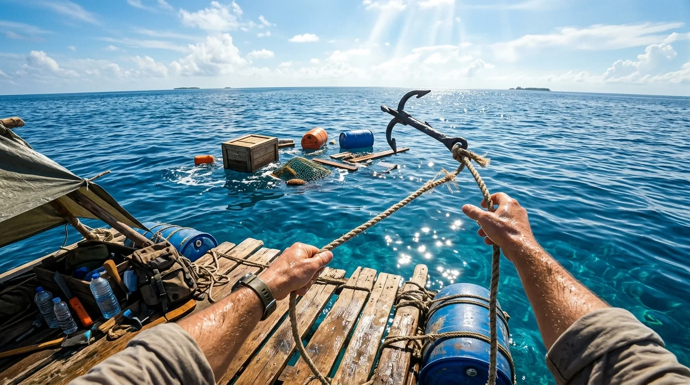 Joueur utilisant son grappin pour récupérer des ressources depuis son raft en plein océan