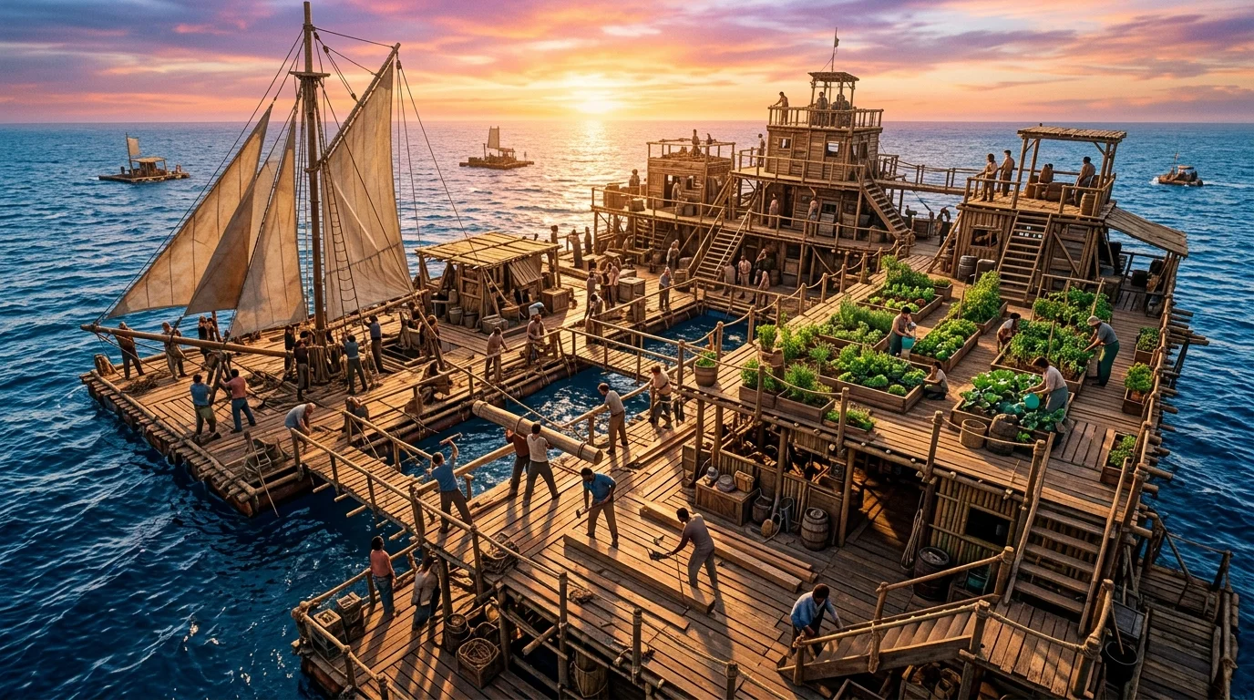 Groupe de joueurs construisant un immense radeau en mode multijoueur coopératif sur Raft PS5