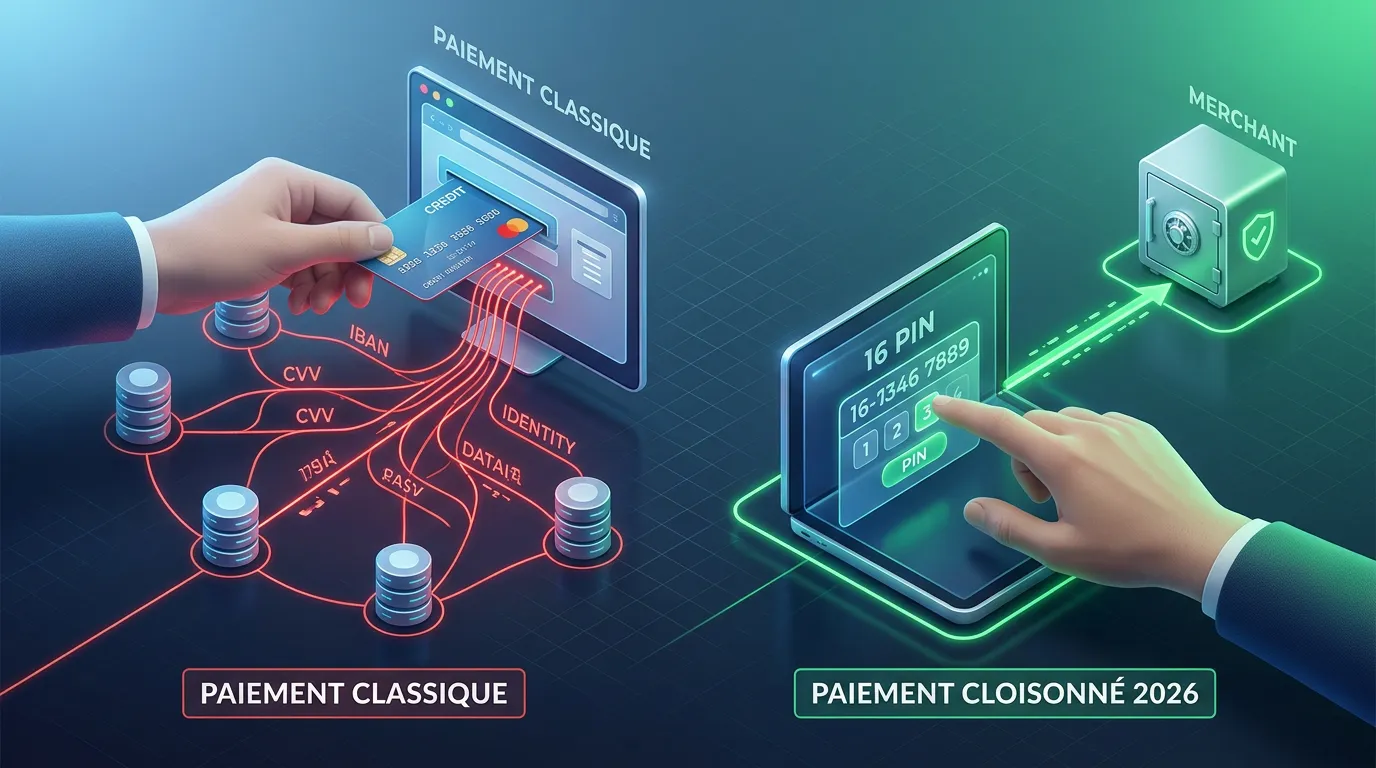 Schéma comparatif illustrant la différence entre un paiement par carte bancaire classique et un paiement prépayé cloisonné