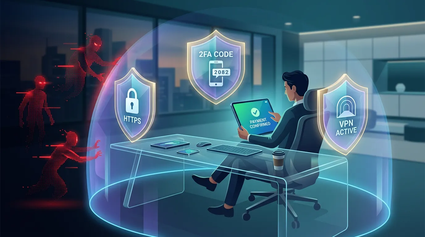 Illustration des bonnes pratiques de cybersécurité pour sécuriser ses paiements en ligne avec double authentification et VPN