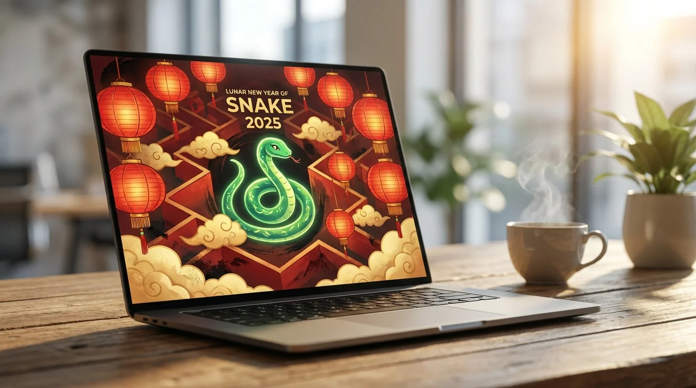 Interface d'accueil du jeu Google sur l'année du serpent montrant les lanternes et le bouton de démarrage