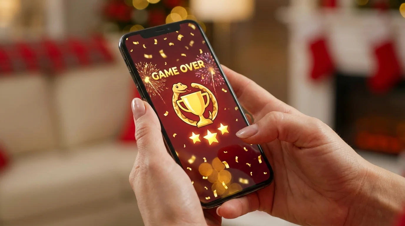 Écran de fin du jeu Google sur l'année du serpent affichant un score élevé et le bouton de partage