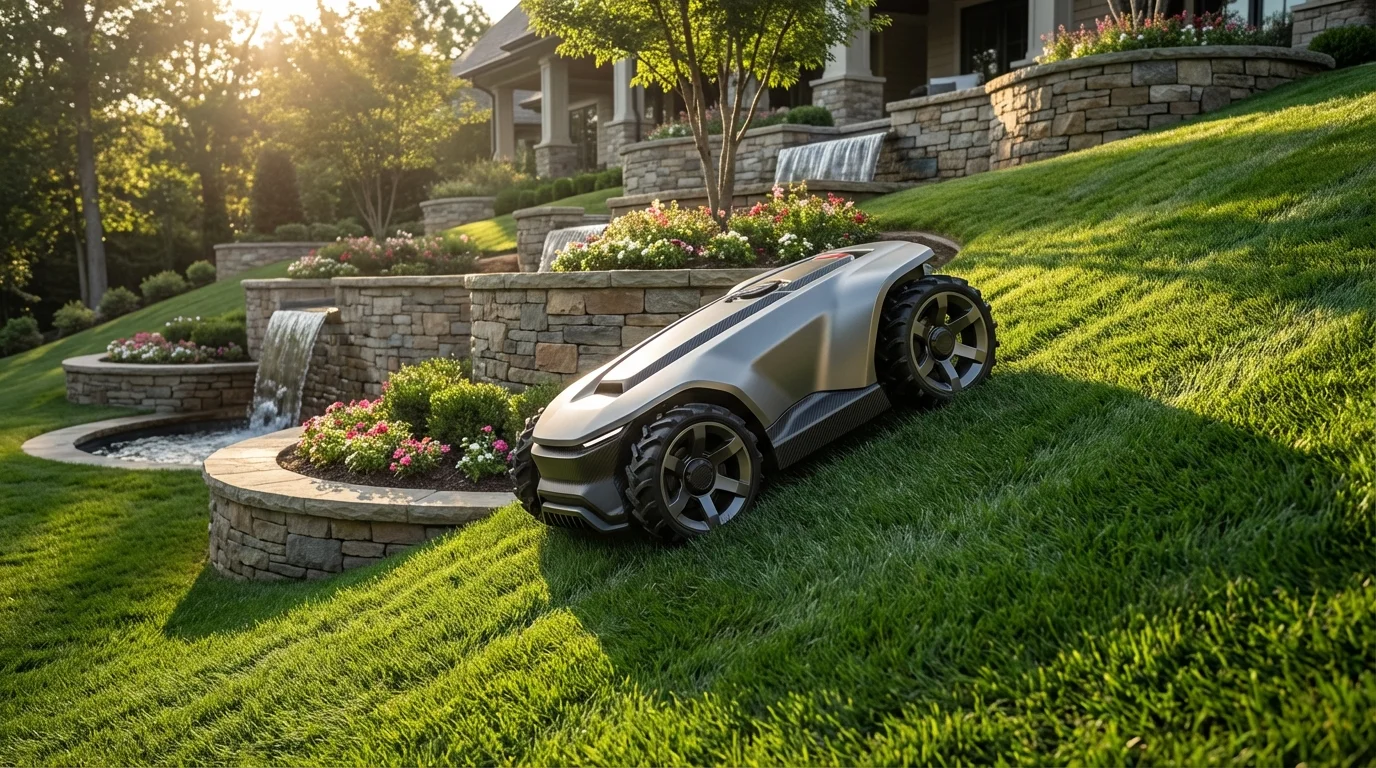 Robot tondeuse gérant une pente raide dans un jardin complexe