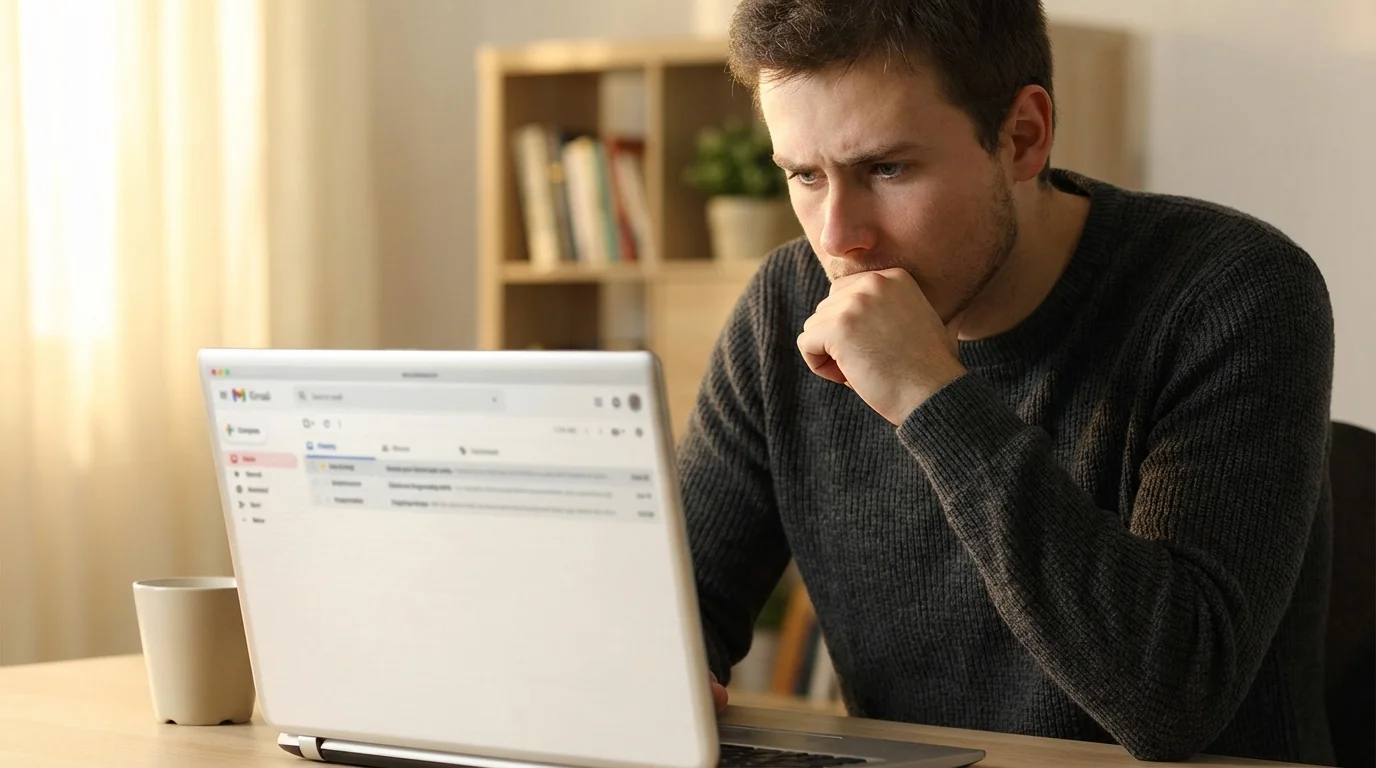 Utilisateur vigilant vérifiant une adresse vinted contact mail sur son ordinateur