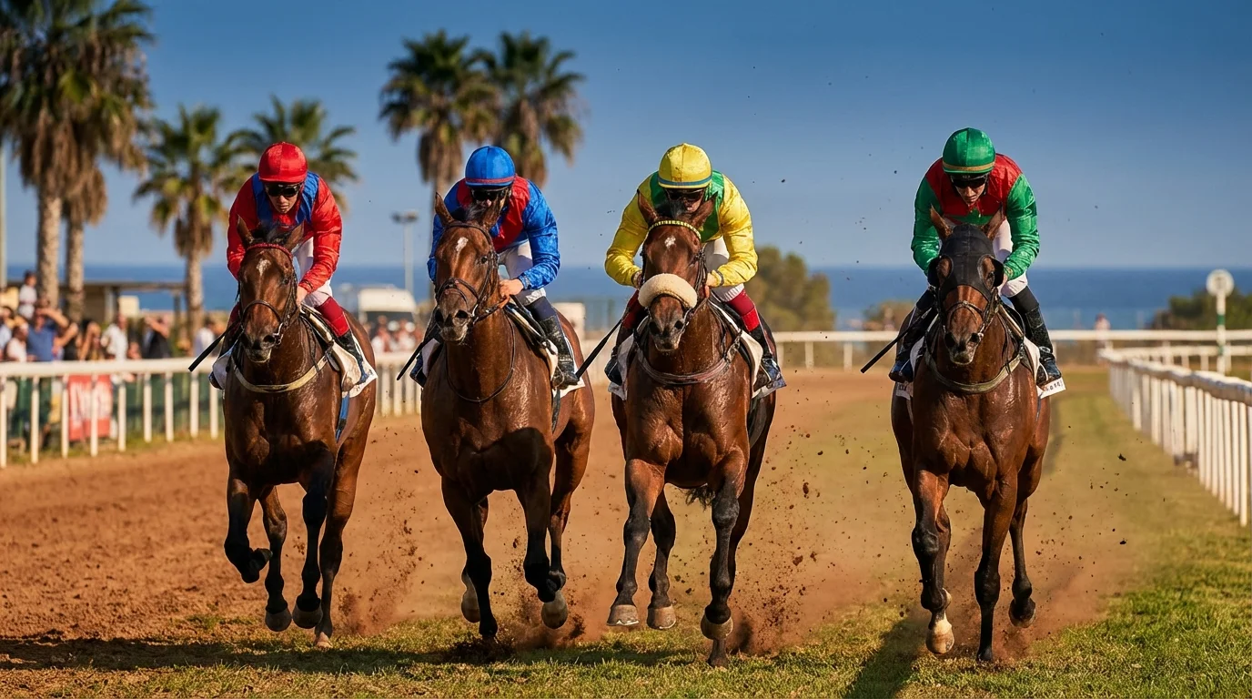 Chevaux en pleine course sur l'hippodrome de Cagnes-sur-Mer lors d'un Quinté