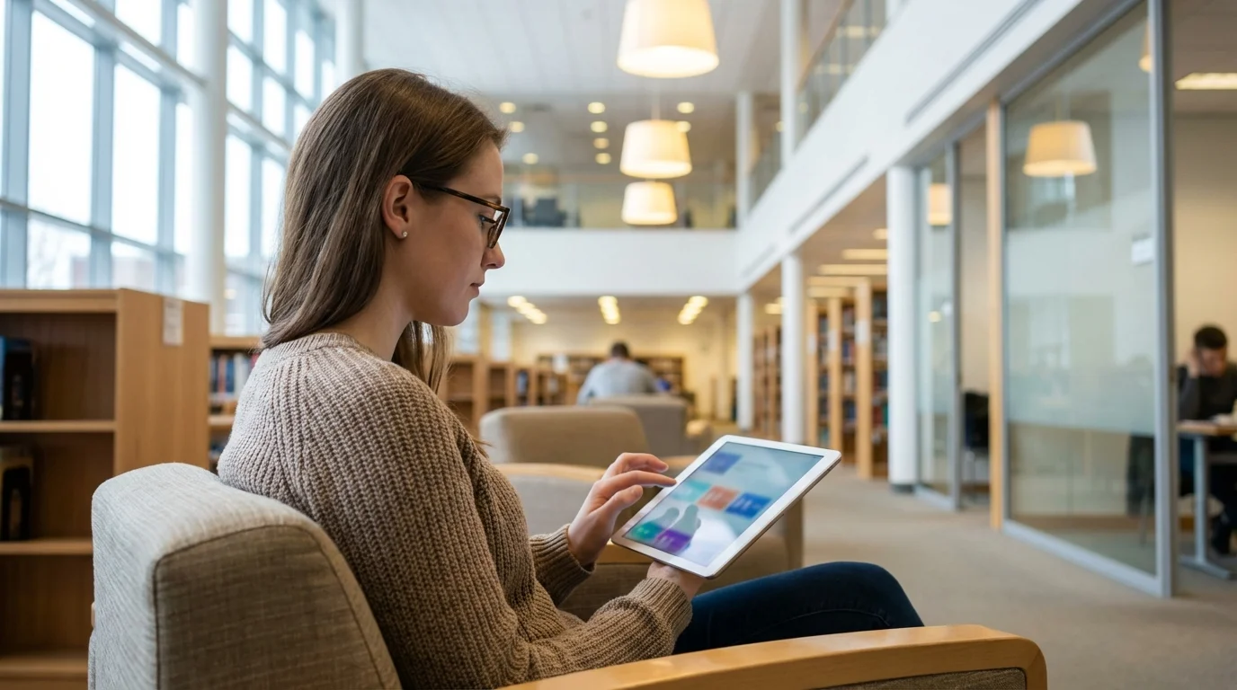 Étudiant utilisant l'application ent amu sur tablette à la bibliothèque universitaire
