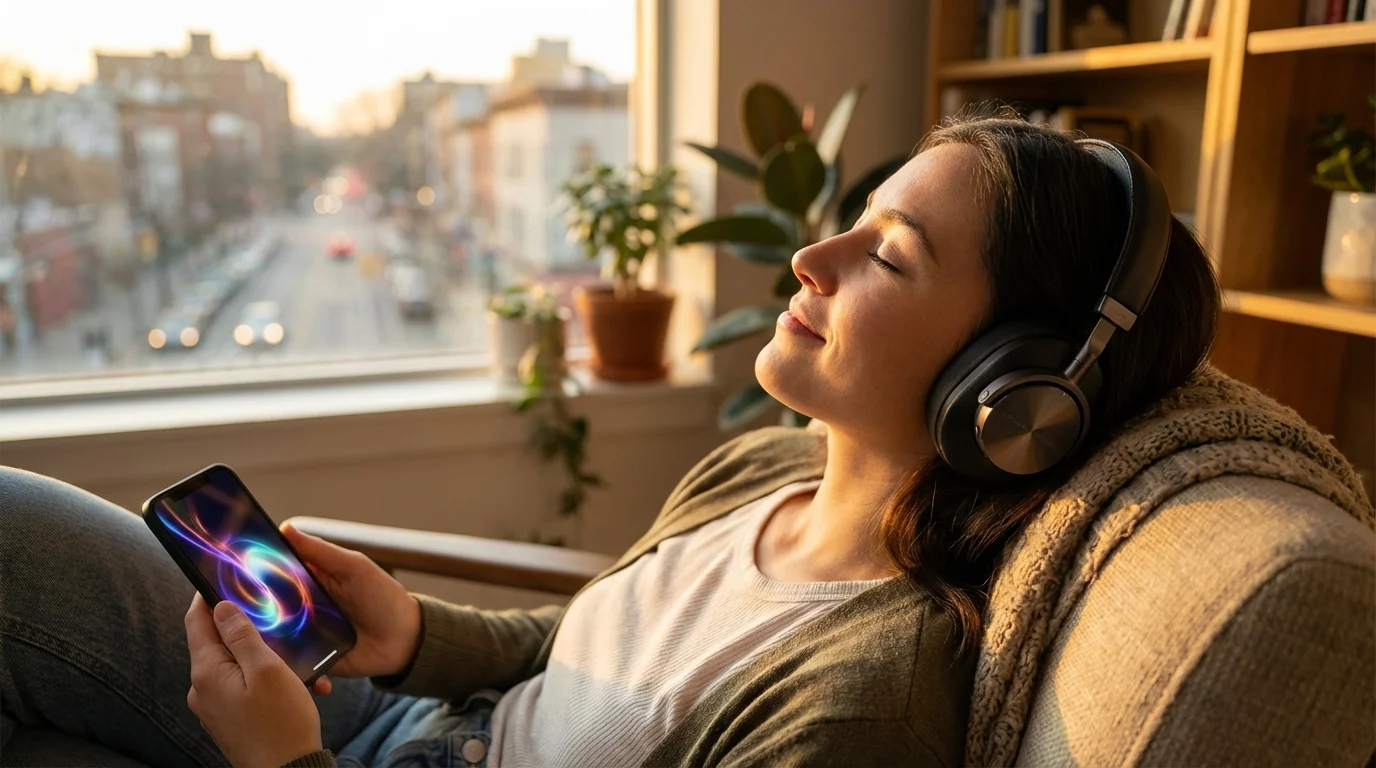 Utilisateur écoutant un fichier ytb mp3 sur smartphone avec casque