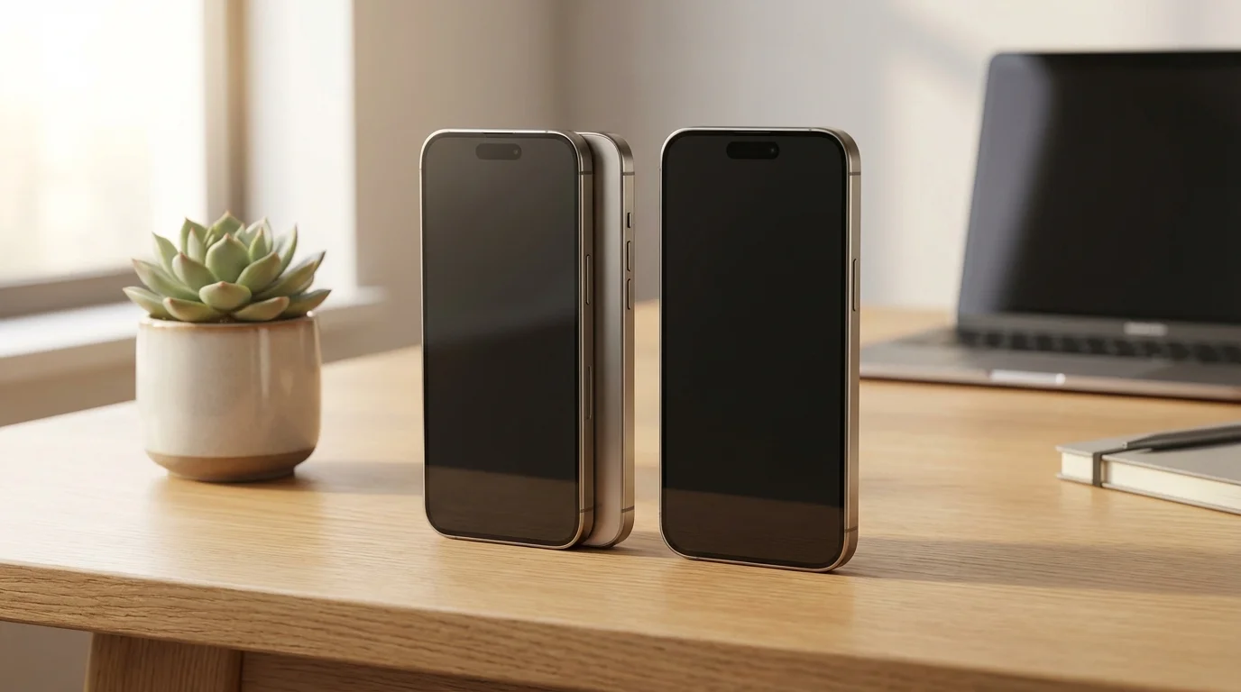 Comparatif visuel iPhone 15 reconditionné vs neuf sur un bureau