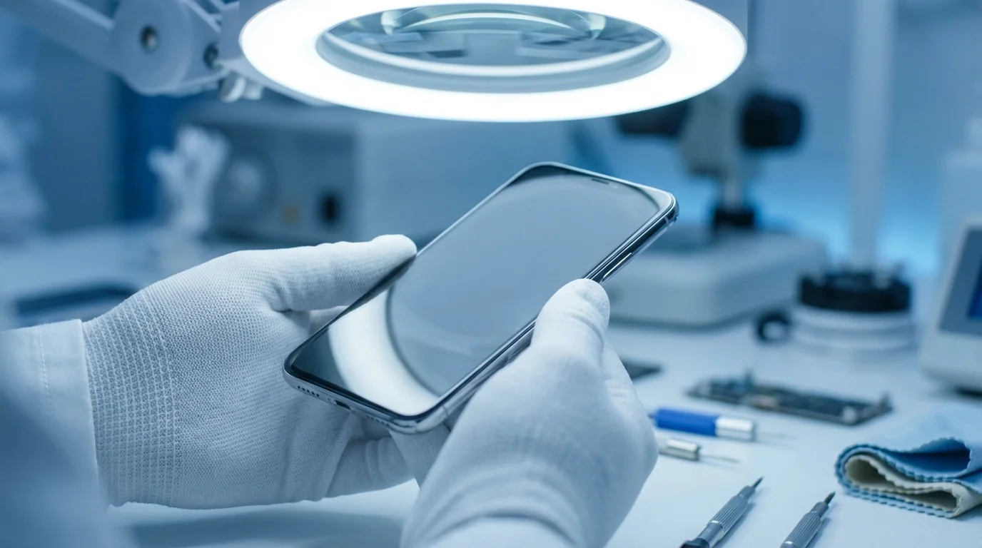 Technicien inspectant un iPhone 15 reconditionné