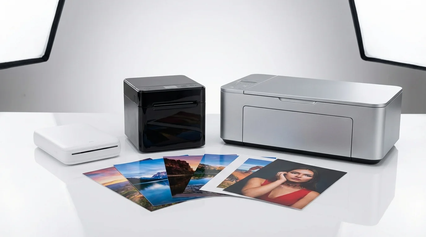 Comparaison visuelle de plusieurs modèles d'imprimantes photo compactes sur une table