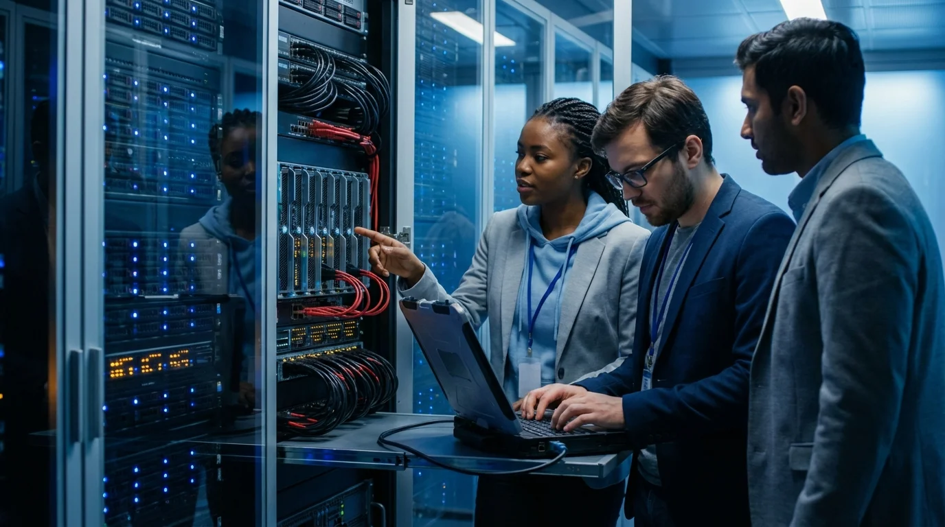 Étudiants en alternance cybersécurité Nexa travaillant sur une baie de serveurs