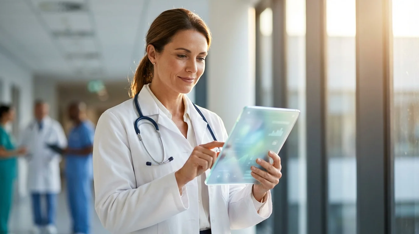 Médecin utilisant Weda Secure sur tablette lors d'une consultation médicale connectée