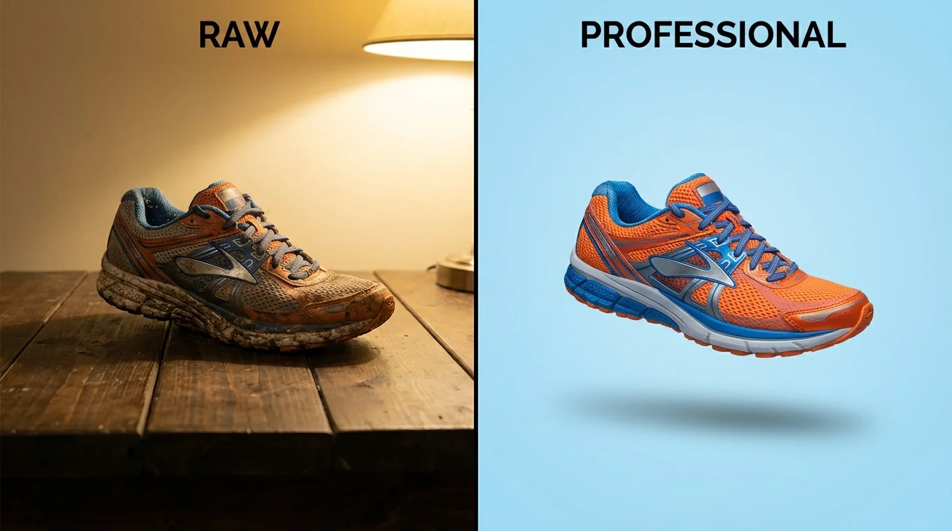 Comparaison avant après utilisation de Photoroom sur une chaussure de sport